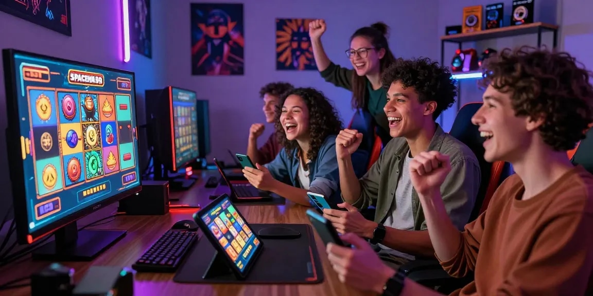 Engaging Spaceman88 gaming scene with friends celebrating their wins in an exciting online slot game