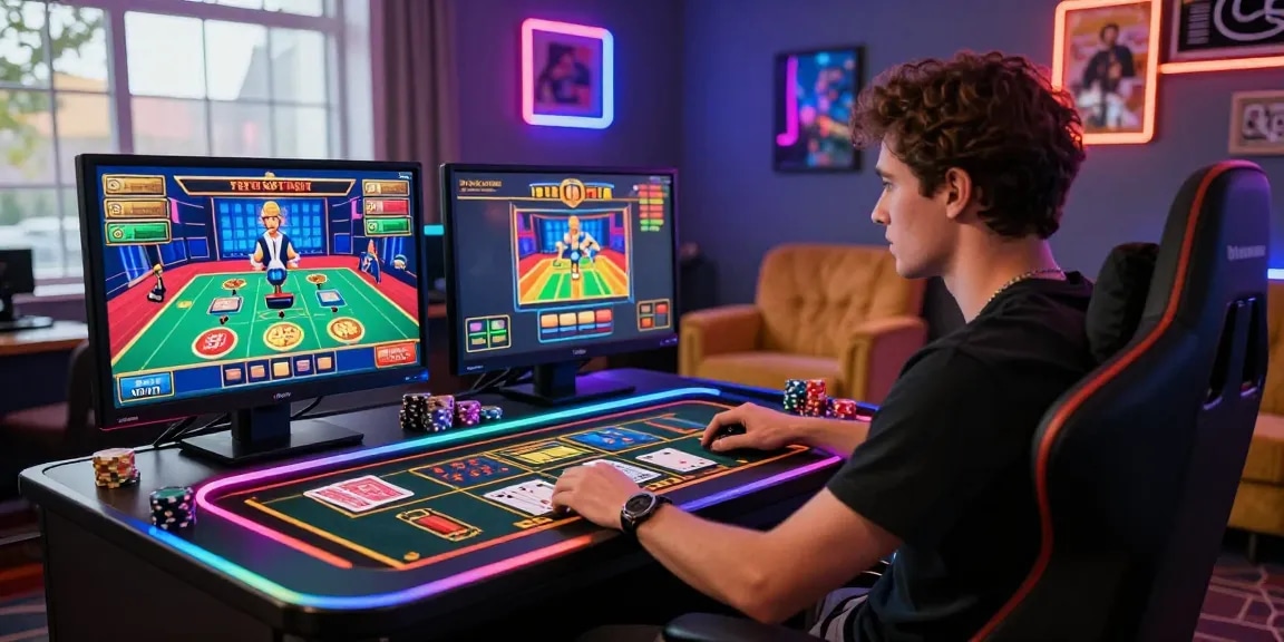 Exciting view of credit card casinos UK player enjoying vibrant gaming experience at home with multiple screens and colorful decor.