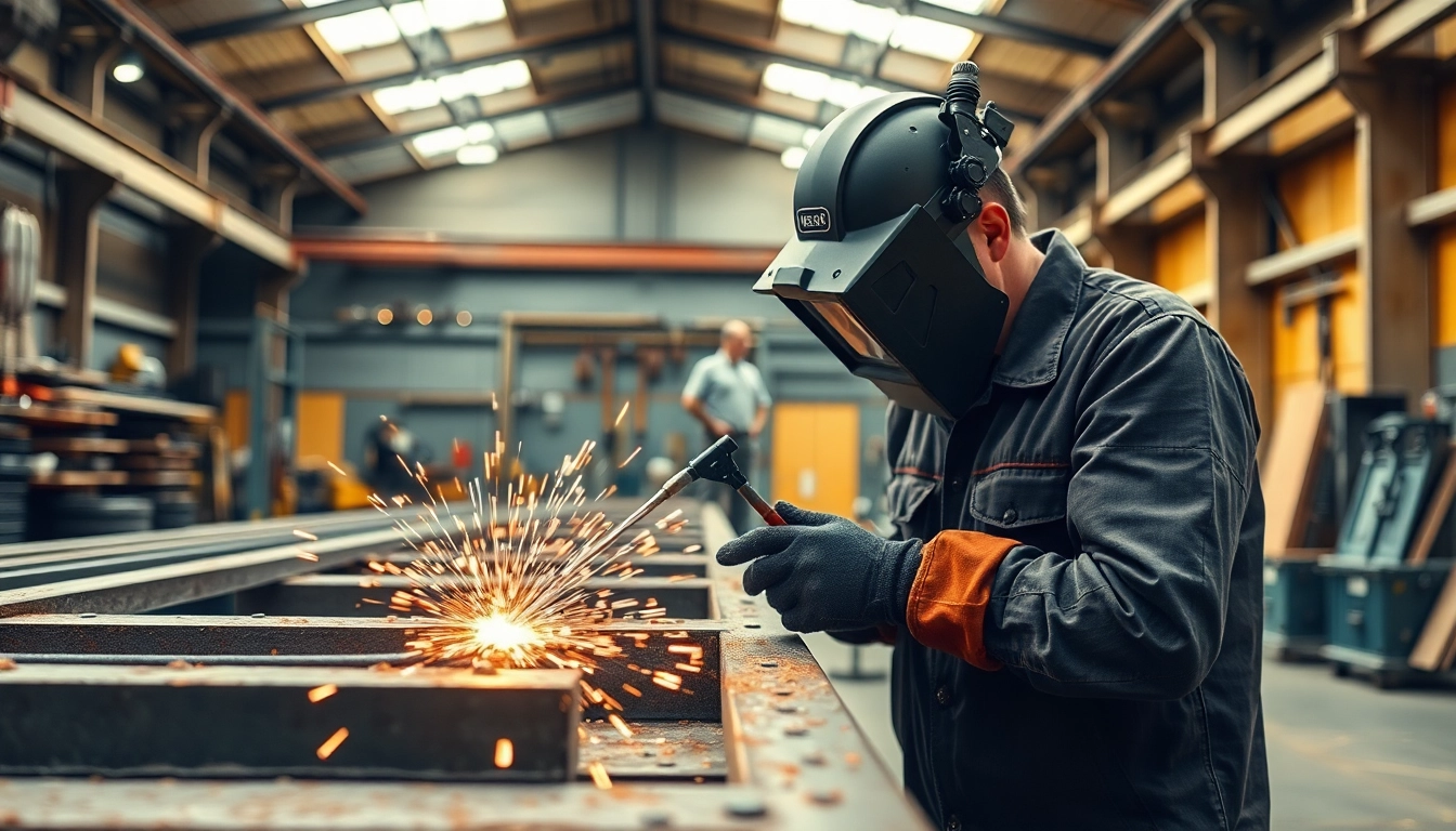 Welding structural steel structures in a workshop, showcasing precision and craftsmanship.