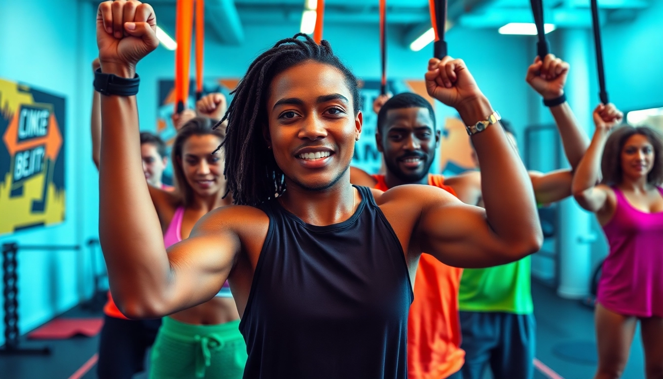 Dynamic group workout using pull-up resistance bands in a modern gym setting.