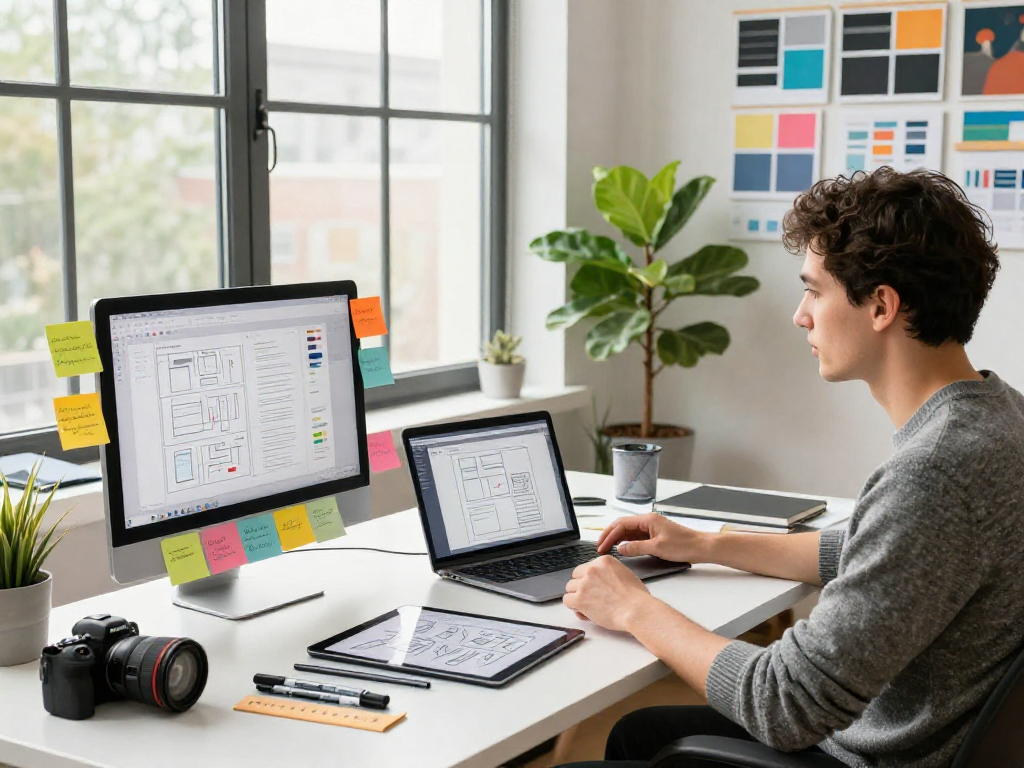 In a vibrant workspace, a designer utilizes crushon to create innovative UX/UI wireframes, surrounded by tools and inspiration.