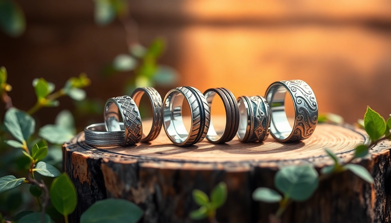 Showcase unique wedding bands for men with distinctive designs and metallic textures on a wooden display.