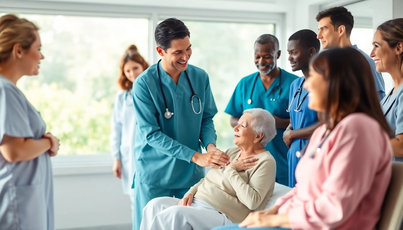 Promote health by showcasing a diverse group of caregivers providing compassionate support in a hospital setting.