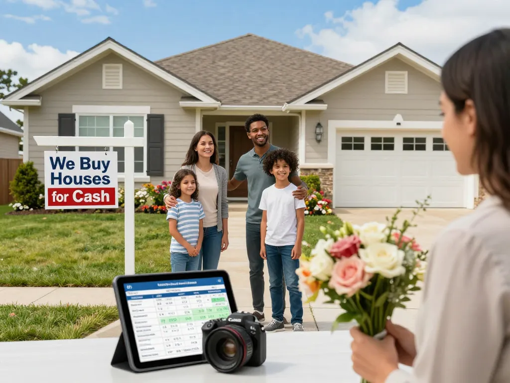 We buy houses for cash sign outside a charming home with a family talking to a cash buyer.