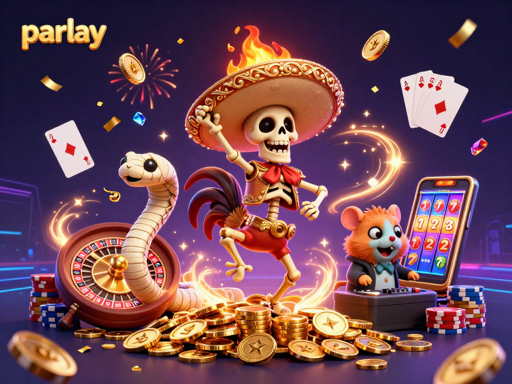 Engage in parlay betting excitement with lively characters celebrating winnings at a vibrant casino scene.