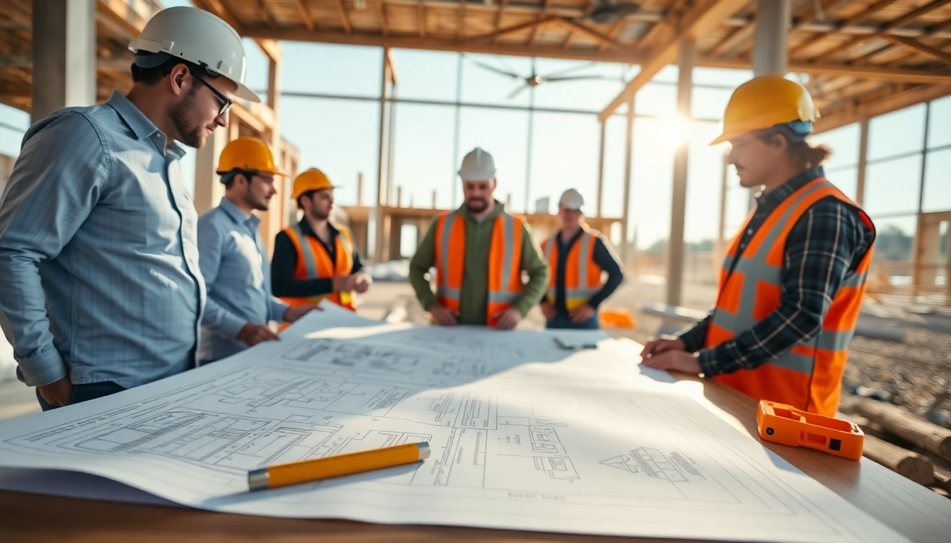 Collaborating professionals in a construction member organization reviewing blueprints on-site.