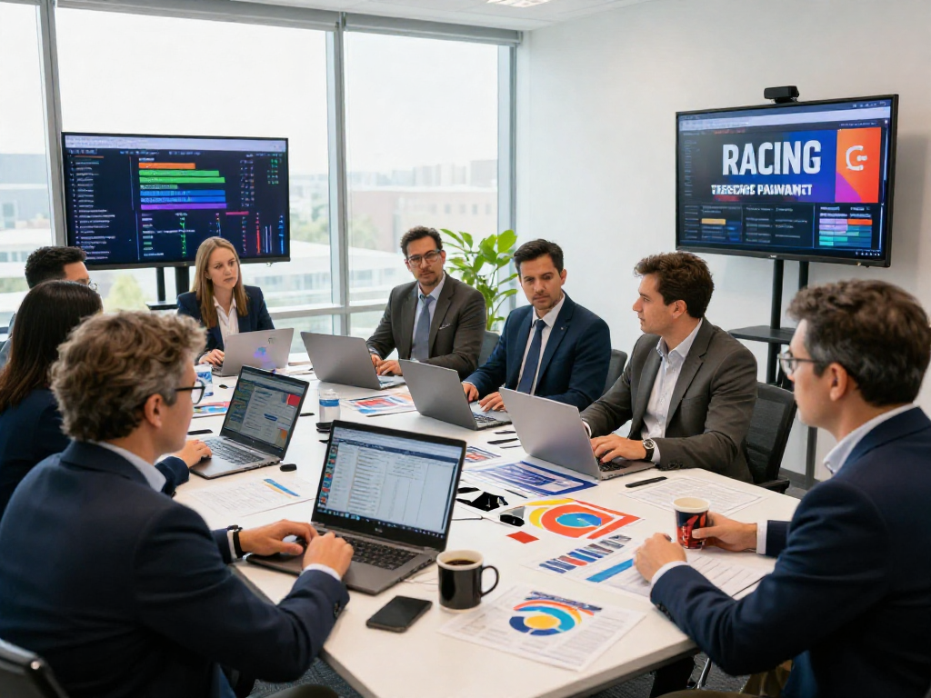 Business team strategizing effective political media buying commission in a bright office environment.