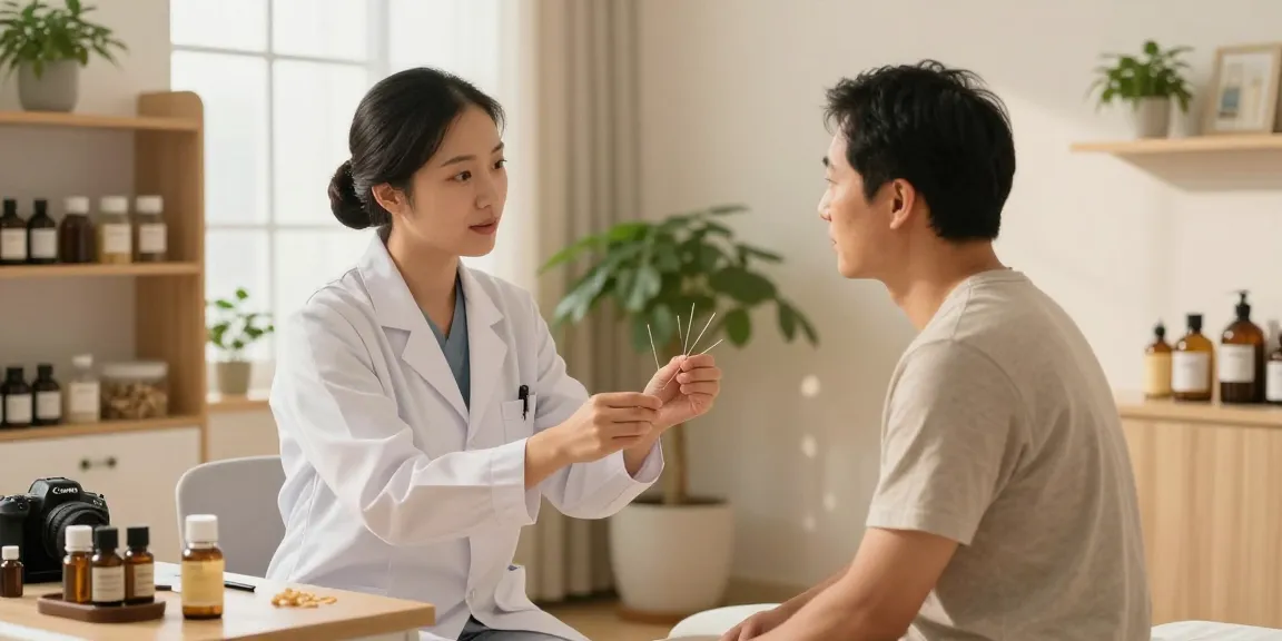 Consultation at 영통한의원 with a practitioner and patient in a serene treatment space.