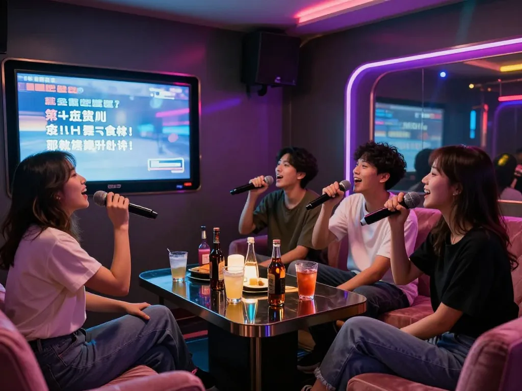 친구들이 https://www.3no.org/seo의 개인적인 분위기에서 노래방을 즐기고 있으며, 화려한 조명과 음료가 활기찬 분위기를 만들어냅니다.