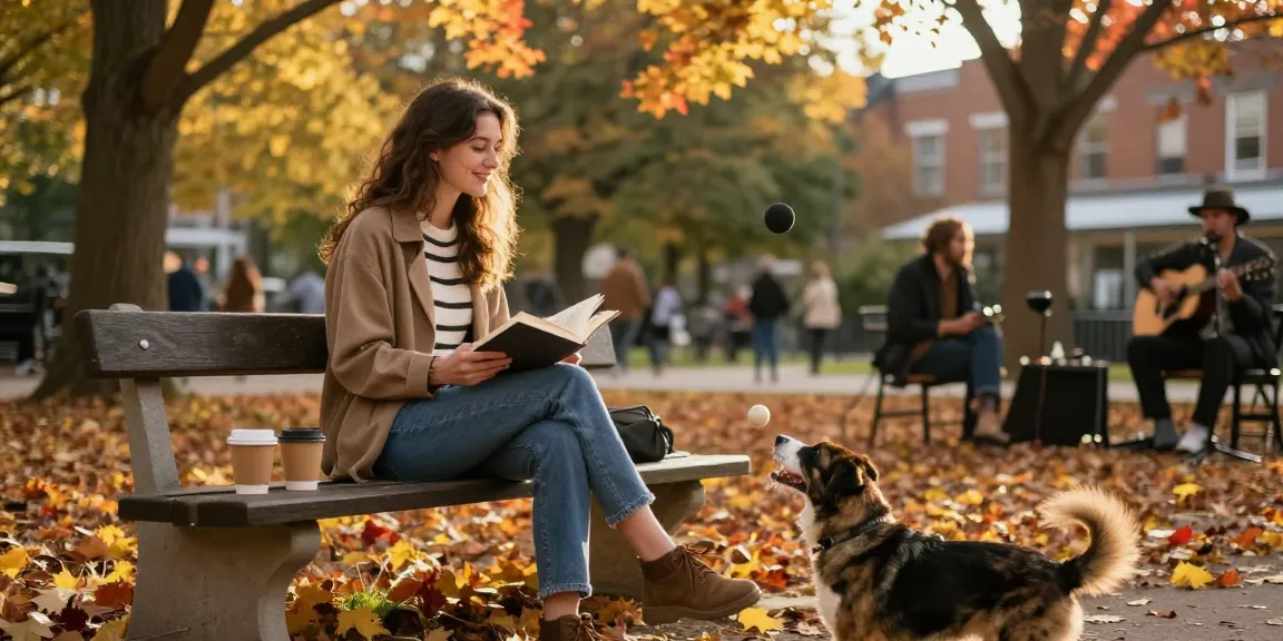 Young woman with a crush on someone smiling in a park, surrounded by friends and autumn leaves.