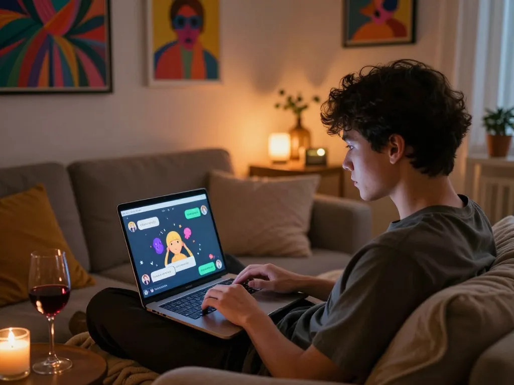 Engaging AI chat NSFW scene showcasing a cozy atmosphere with a person interacting with an AI character on their laptop.