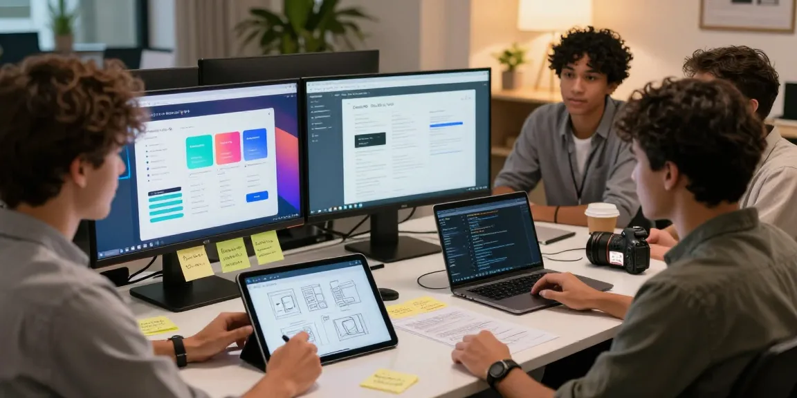 Collaboration scene showcasing CrushOnAI app design with diverse team brainstorming at a modern workstation.