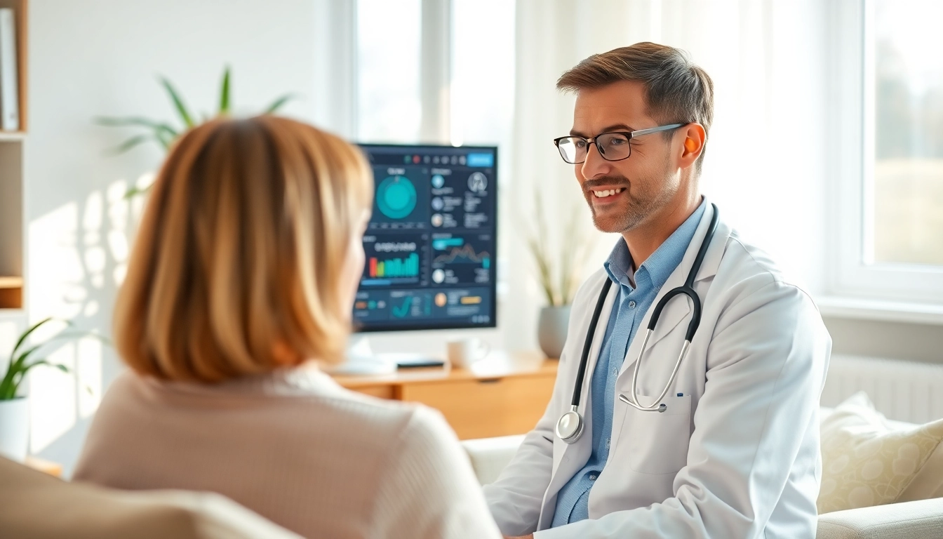 Healthcare professional discussing health in a bright telemedicine session.