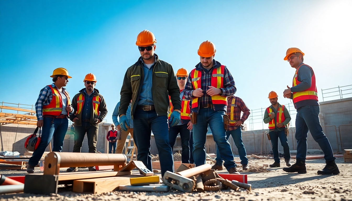 Engaged trainees in a contractor apprenticeship program on a sunny construction site.