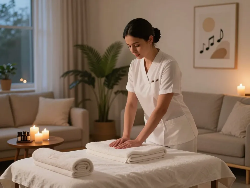 Maxim-anma.net luxurious home wellness scene with massage therapist, candles, and essential oils, promoting relaxation.