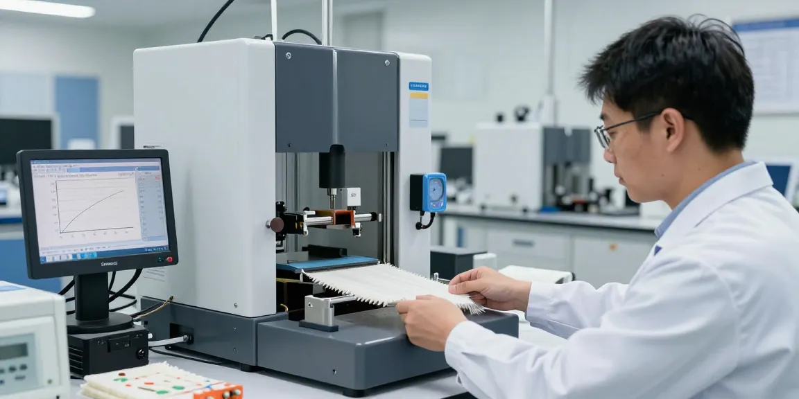 SmartPull Fabric Strength Testing Machine in a laboratory, showcasing real-time testing metrics.