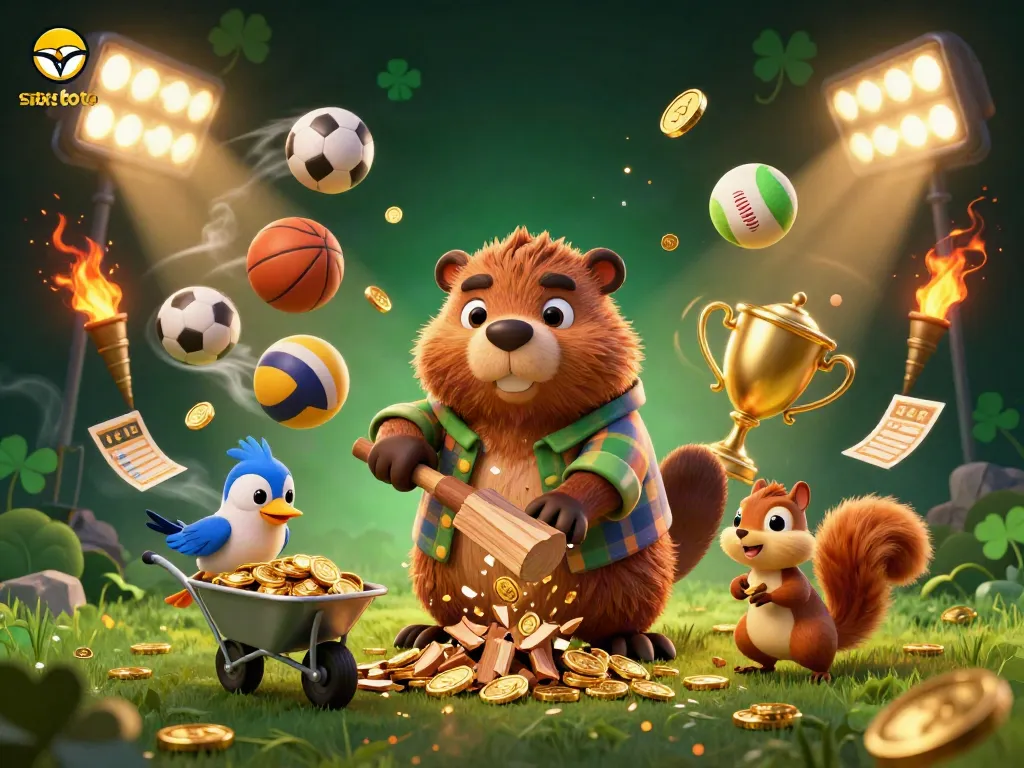 Experience situs toto gaming excitement as a cartoon beaver celebrates big wins surrounded by sports-themed elements.