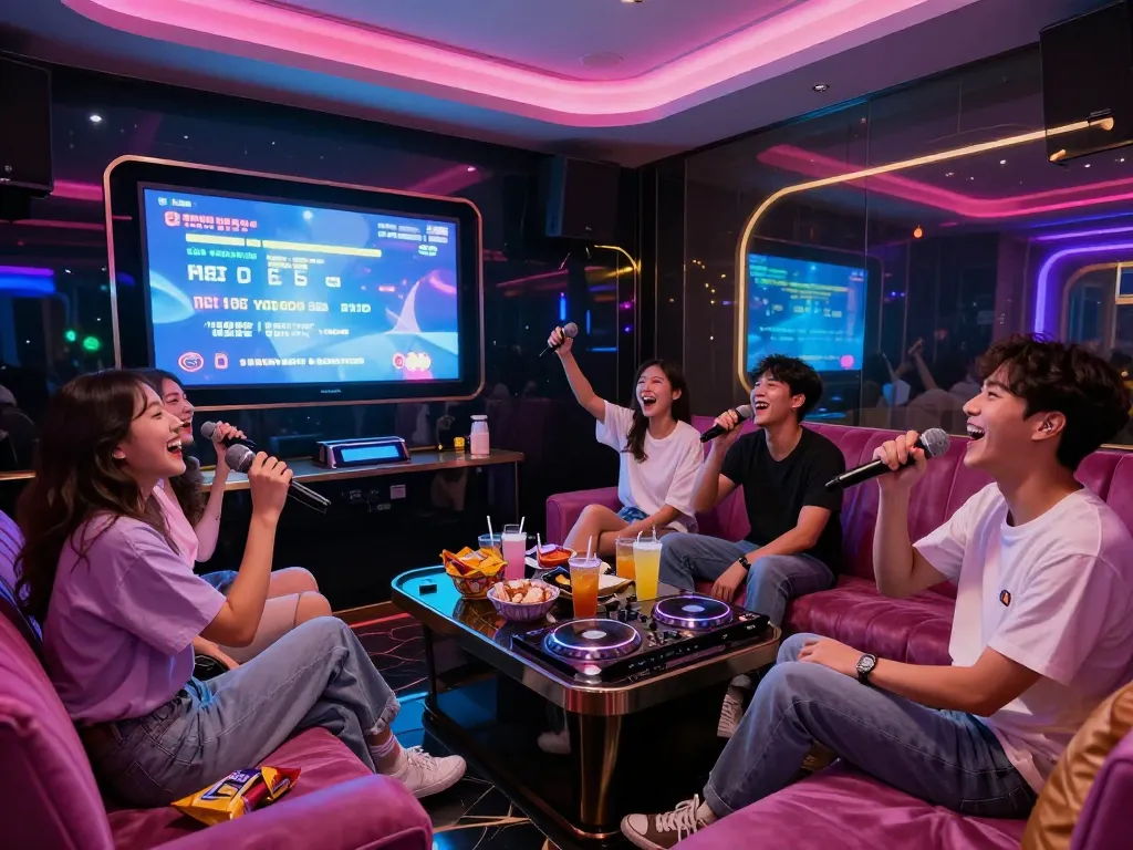 친구들이 모여 노래를 부르며 프리미엄 엔터테인먼트를 즐기는 달토 노래방의 활기찬 분위기를 https://www.gangnamtune.com/runrabbit에서 경험하세요.