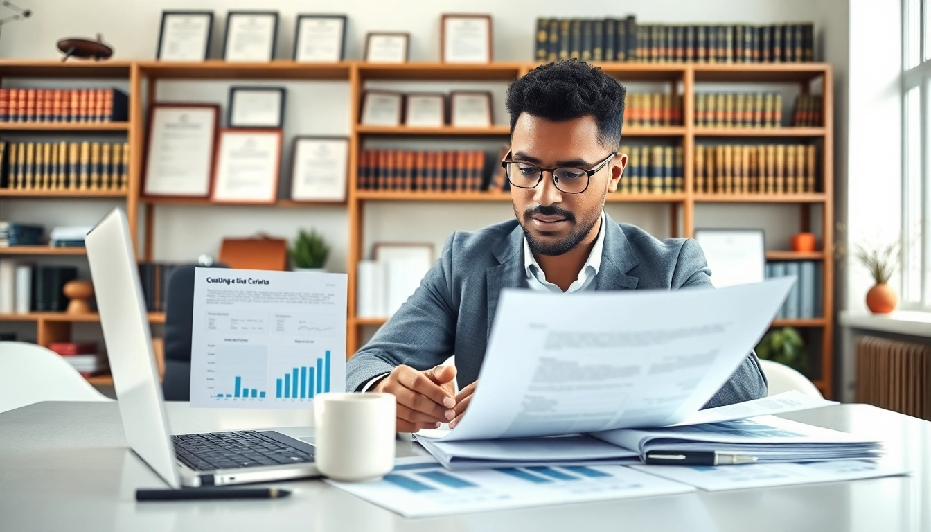 Consultant analyzing federal and state contracts and grants documents in a modern office.