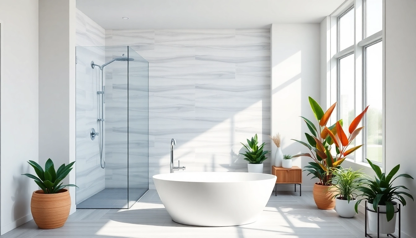 Explore elegant bathroom renovations near me featuring a modern design with a freestanding tub.