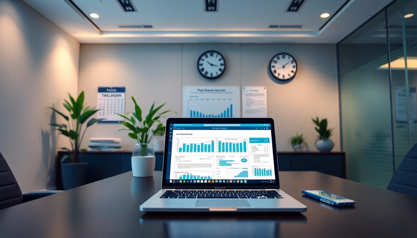 Corporate Tax Return Filing in UAE with a modern office setup highlighting tax documents and charts.