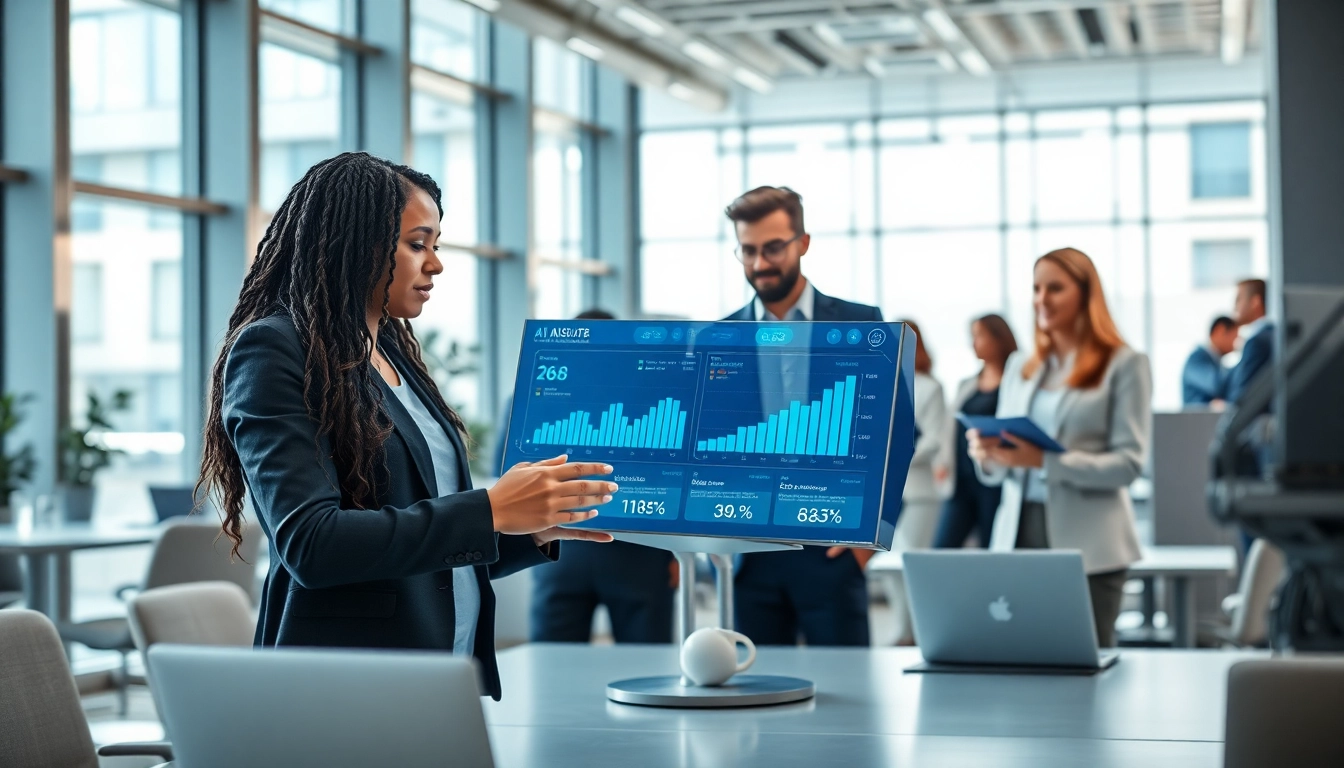 Interacting with an advanced assistant for enterprise in a modern office setting.