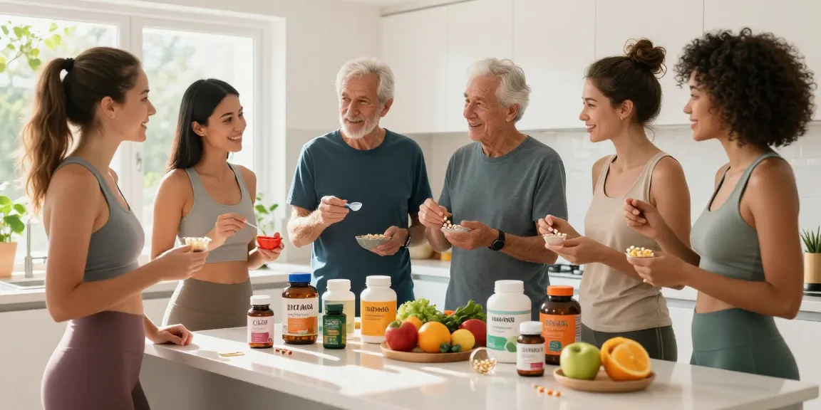 The best supplements showcased in a vibrant kitchen scene with diverse individuals discussing health benefits.