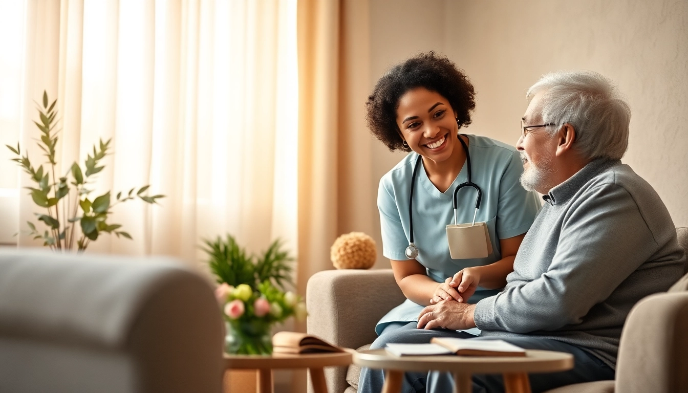 Engaging caregiver providing compassionate care at home to an elderly person in a welcoming environment.
