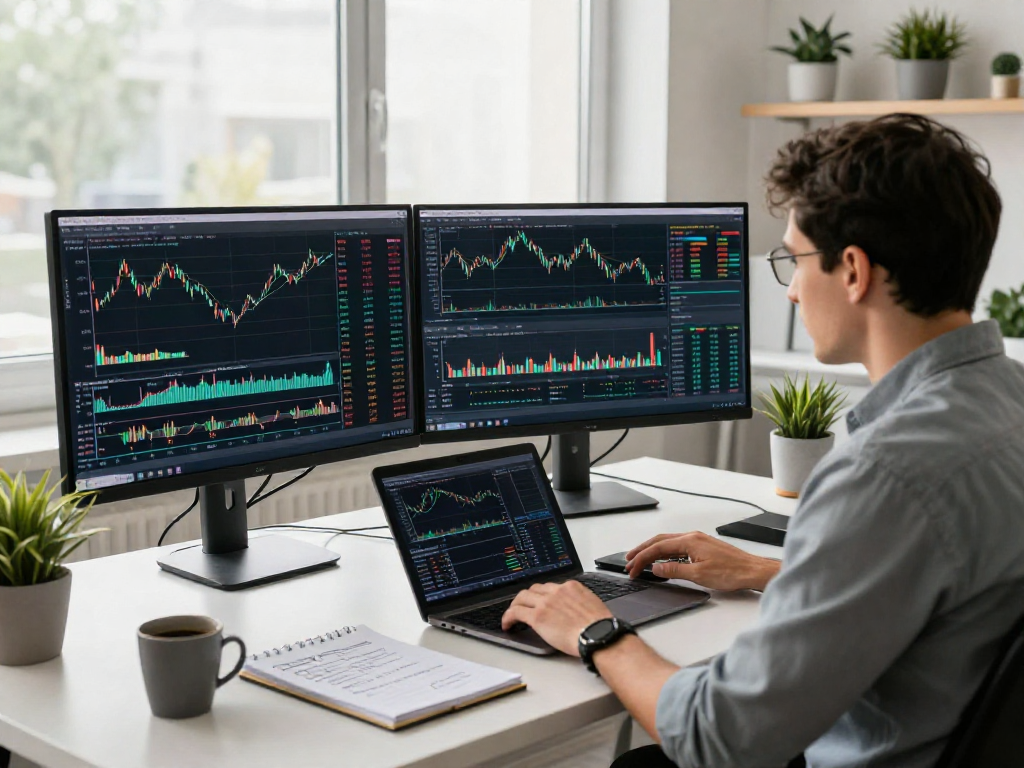Trader utilizing metatrader 5 in a bright office with dual monitors showing charts and market depth.