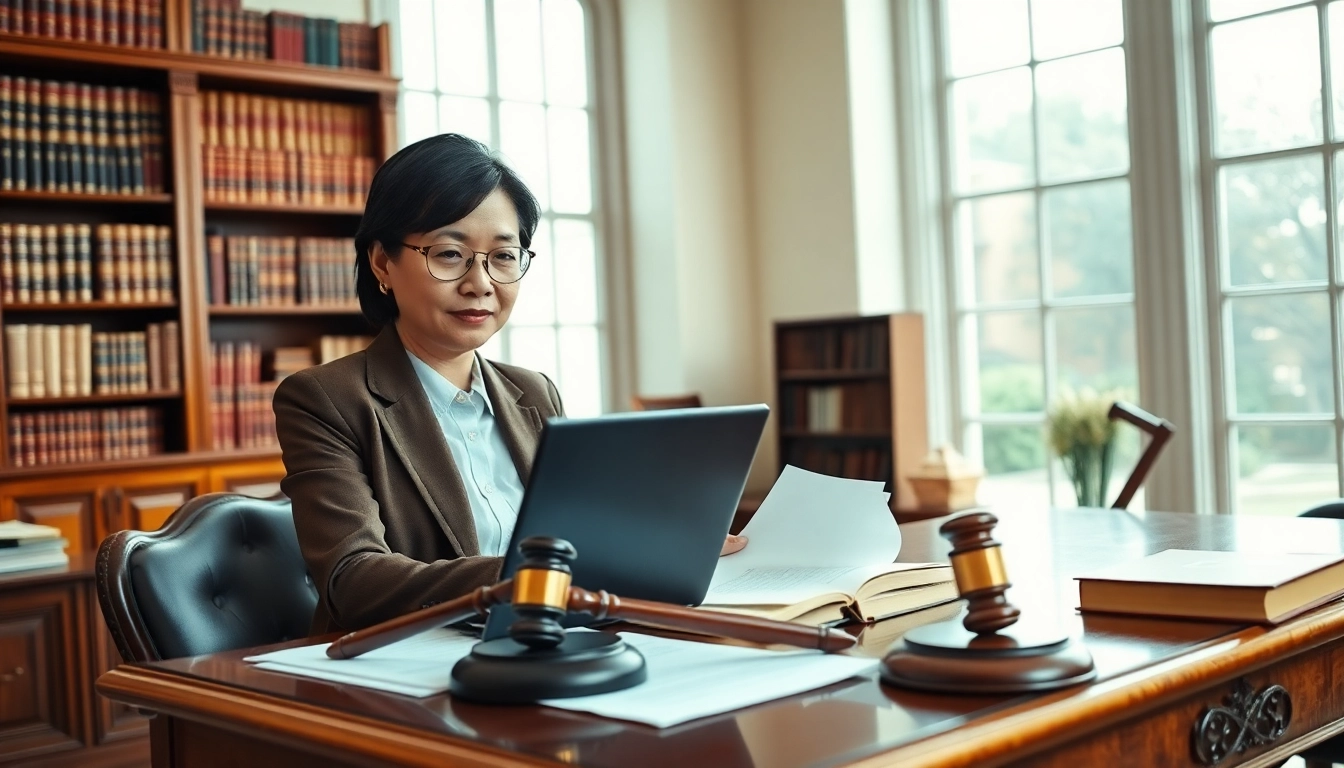 Intellectual property lawyer reviewing legal documents in a professional office setting.