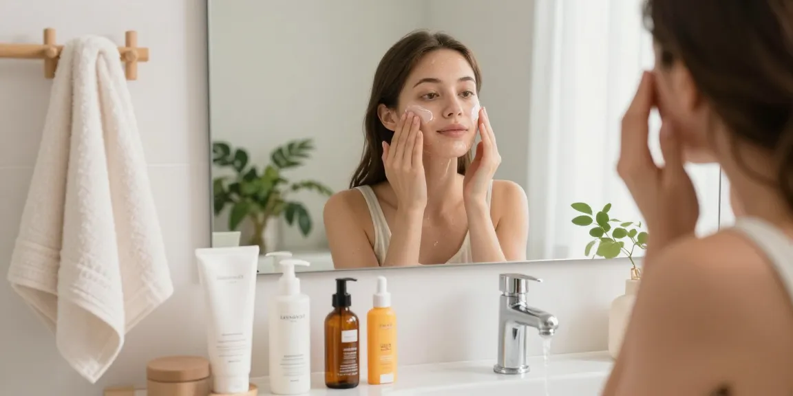 Rutina de îngrijire a pielii de dimineață cu produse rutina skincare într-un cadru de baie seren.