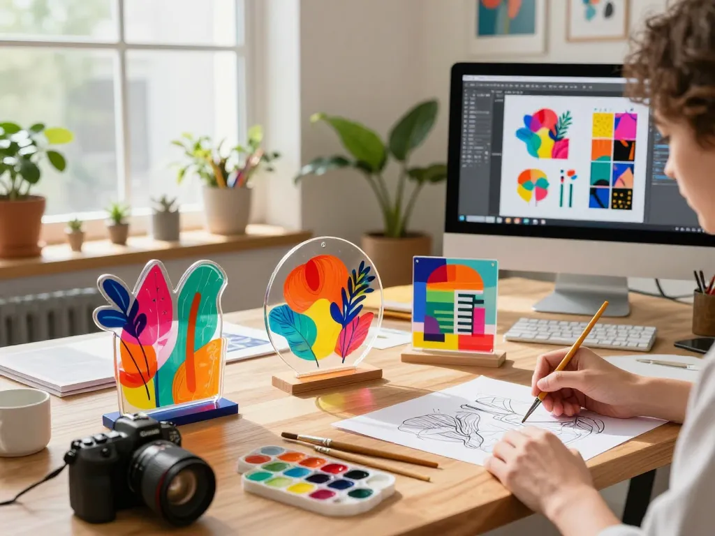 Custom acrylic standee designs in a creative workspace with vibrant colors and design tools.