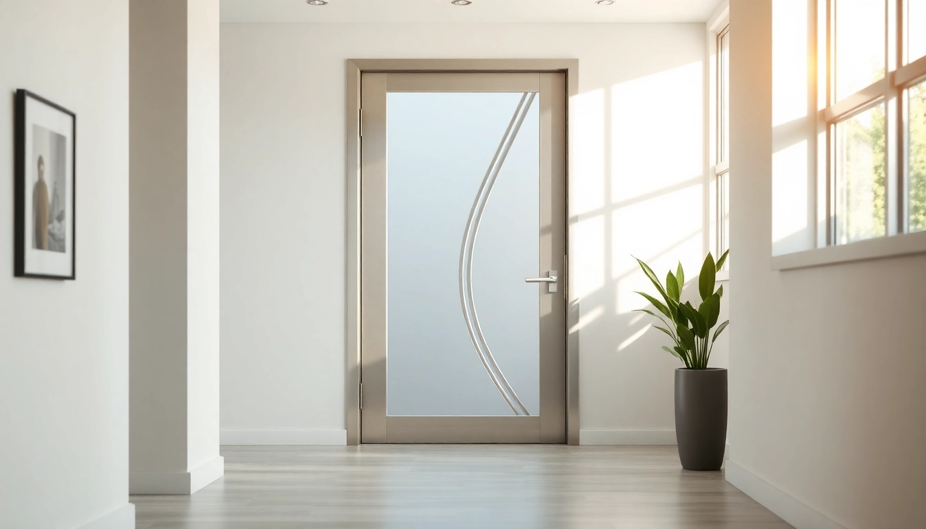 Elegant single leaf swing door in a minimalist entryway, showcasing its glass design and modern aesthetic.