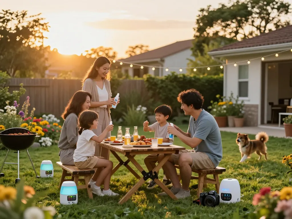 A family applies mosquito repellent during a backyard barbecue, showcasing effective outdoor protection.