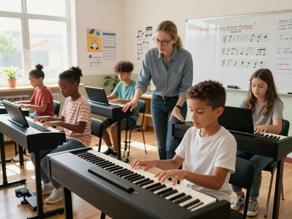 Young students joyfully learning to play go 88 digital pianos in a bright music classroom.