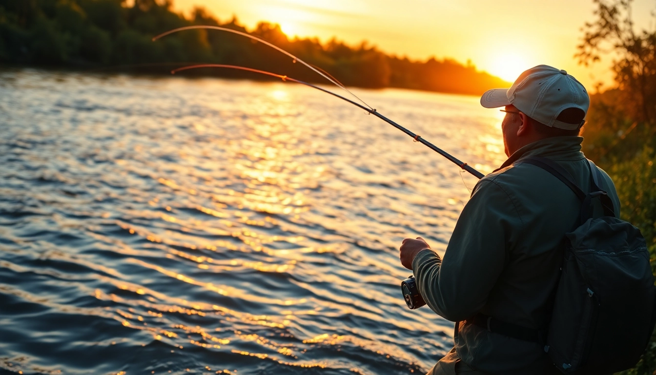 Angler casting a fly fishing line over a river during sunset, highlighting outdoor serenity.