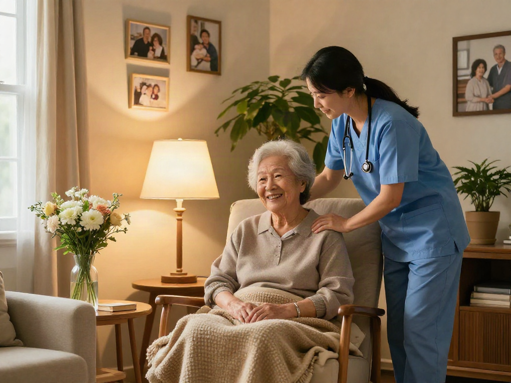 Compassionate caregiver demonstrating bonus new member 100 services in a cozy home setting