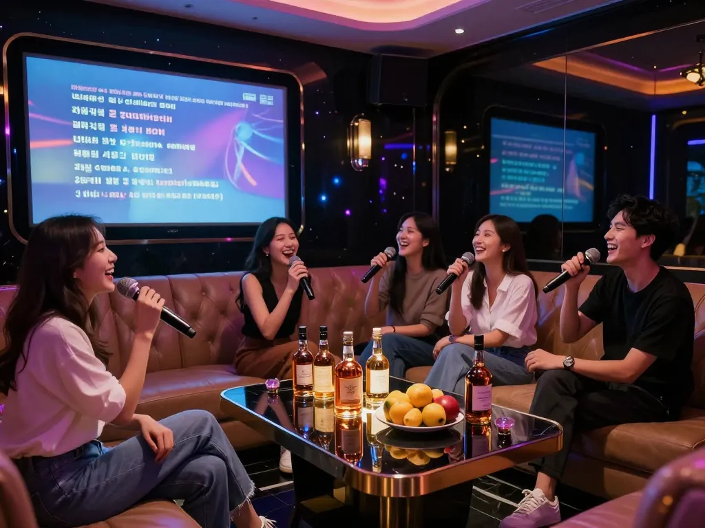 Vibrant karaoke experience in luxurious private room at gangnamtune.com with friends singing and enjoying premium drinks.