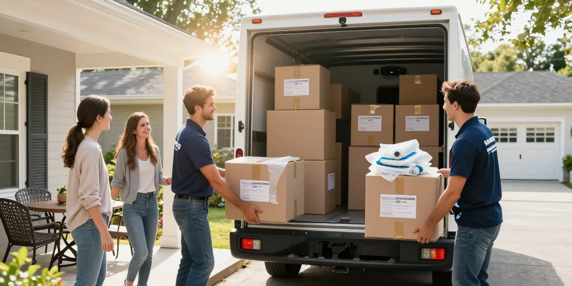 Professional long distance movers efficiently packing and loading boxes into a truck in a warm, welcoming home