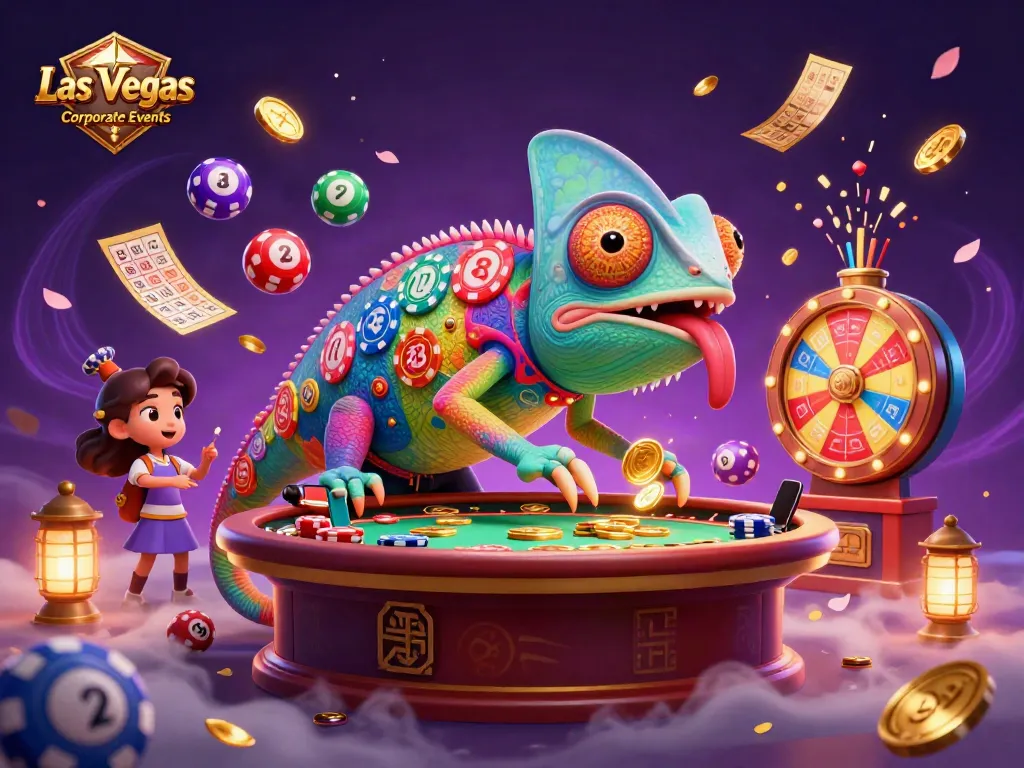 Engage in thrilling Las Vegas Corporate Events with a vibrant casino scene featuring a colorful chameleon character.