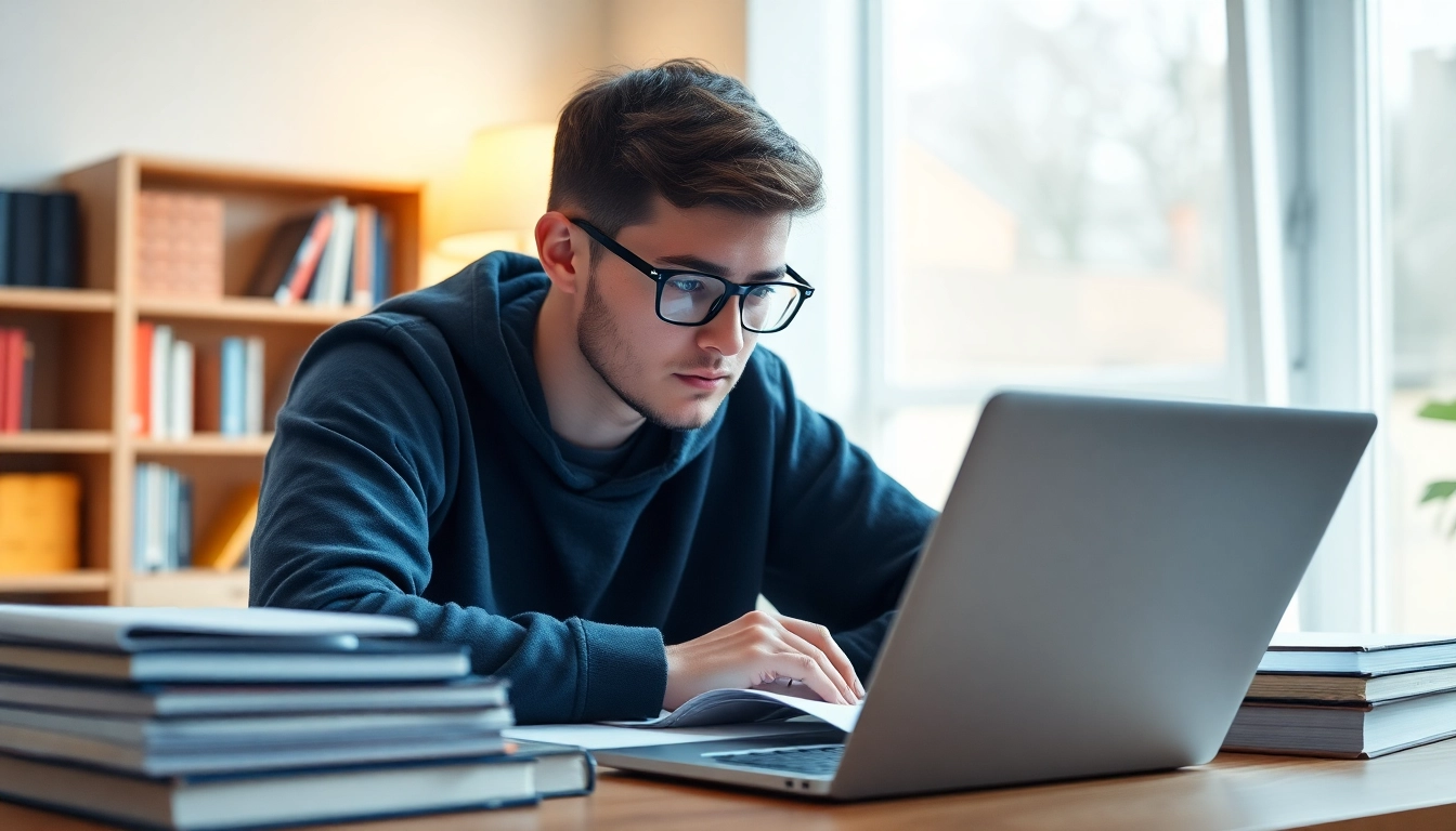 Student benefiting from online exams help in a bright study environment, focused on notes and a laptop.