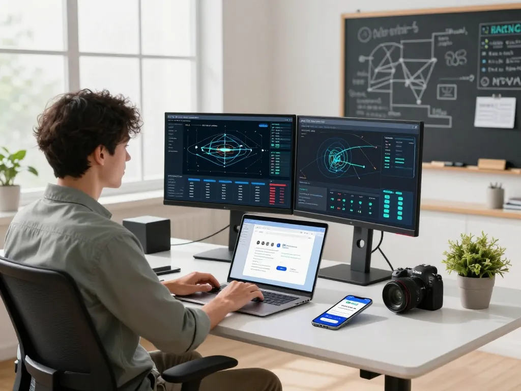快连 network engineer configuring VPN in a modern workspace, showcasing dual monitors and user-friendly interface elements.