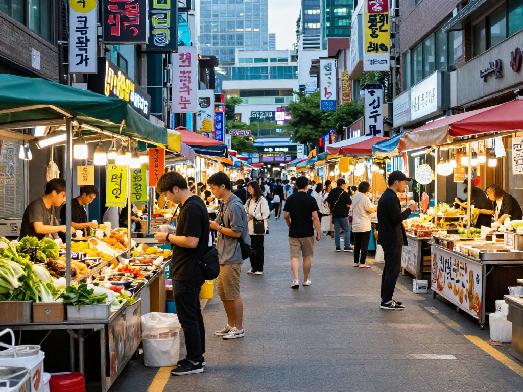 강남 달토를 즐기는 친구들이 시장에서 다양한 길거리 음식을 먹고 있는 모습