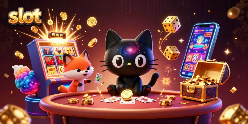 Memenangkan slot dengan kucing hitam 3D dan teman nebula di kasino angkasa.