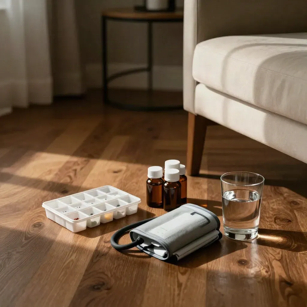 Pill organizer, cuff, refill bottles, and water glass beside a chair in a moody home corner.