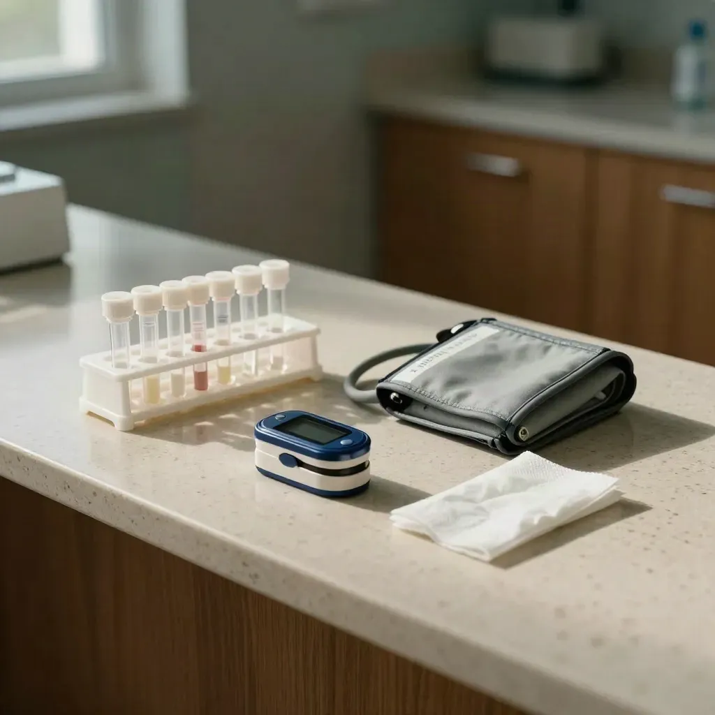 Clinic screening kit with tubes, pulse oximeter, blood-pressure cuff, and sample rack on stone.