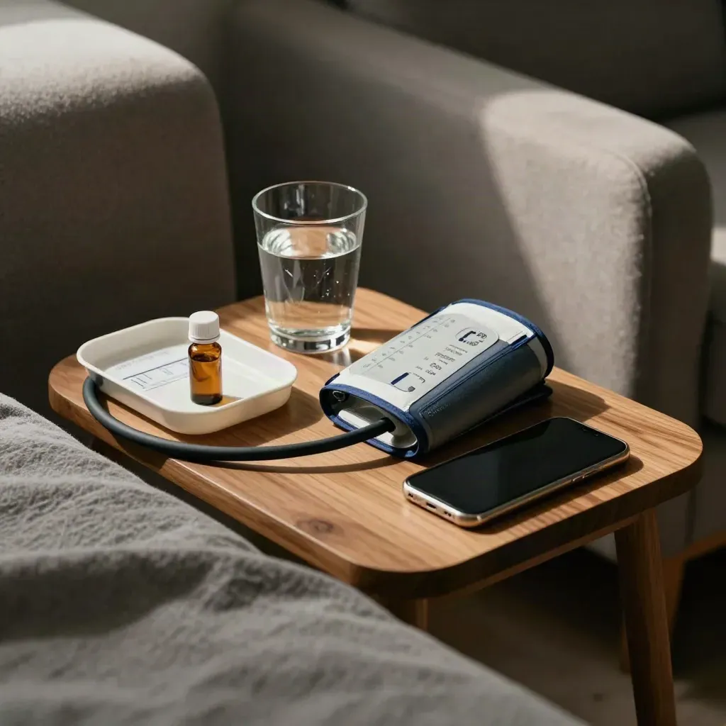 Blood-pressure cuff, pill tray, water glass and phone on a side table in a dim wellness corner.