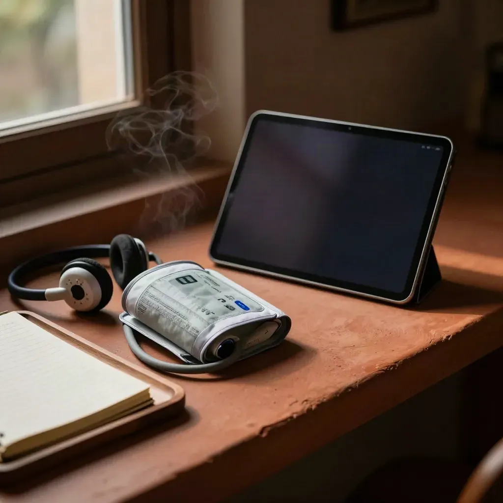 Telehealth tablet, cuff, headset, and notebook in a cozy dusk corner.