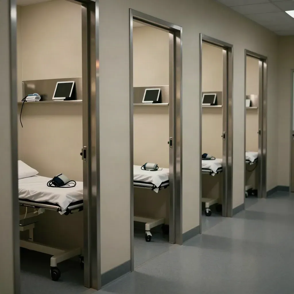 Three exam-room doorways with fresh linens, cuffs and closed tablets in a moody clinic corridor.