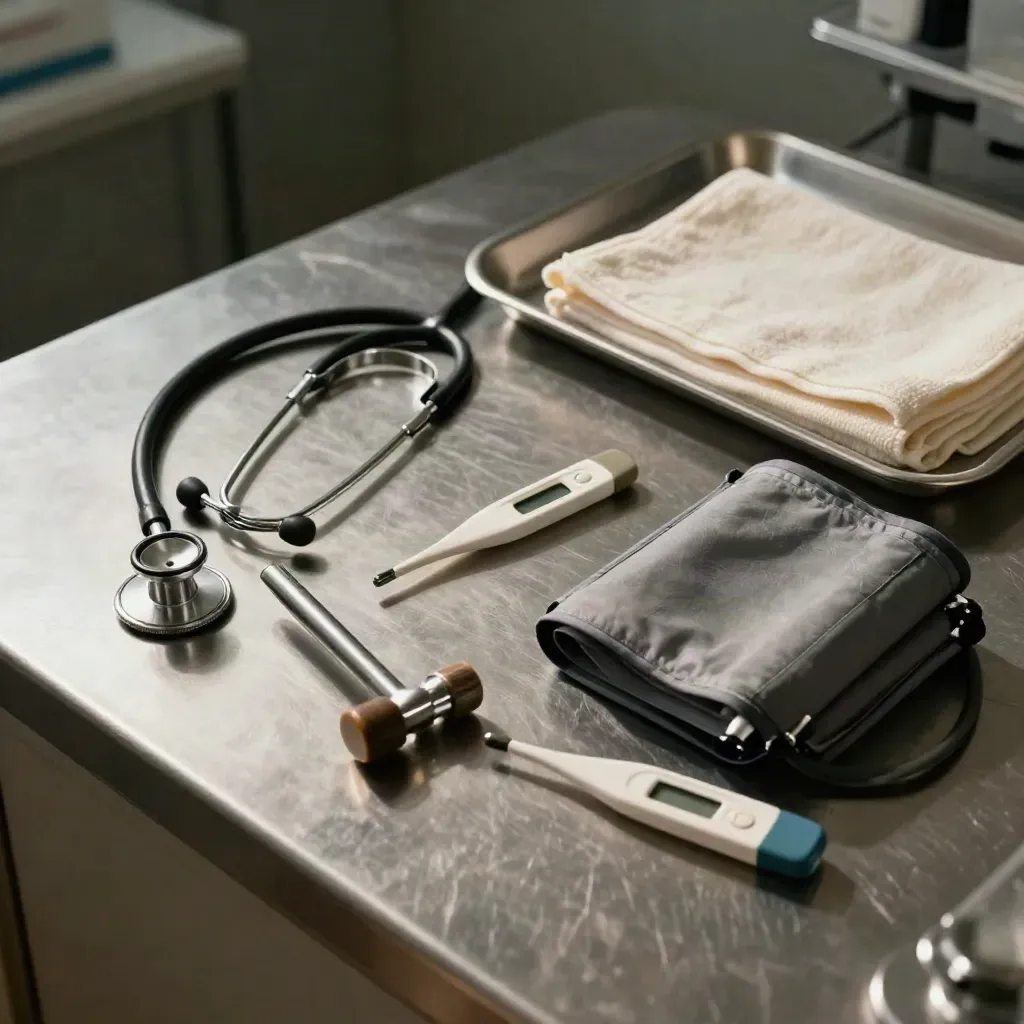 Overhead clinic still life with nurse practitioner tools on travertine under dramatic side light.